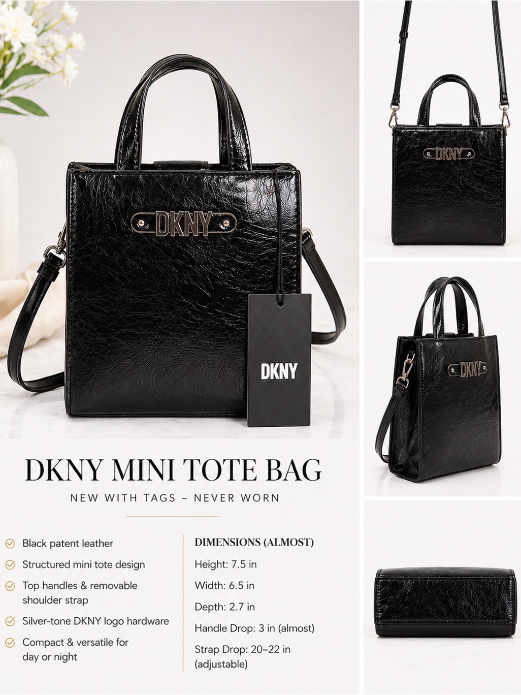 Dkny Black Patent Leather Mini Tote Bag Nwt